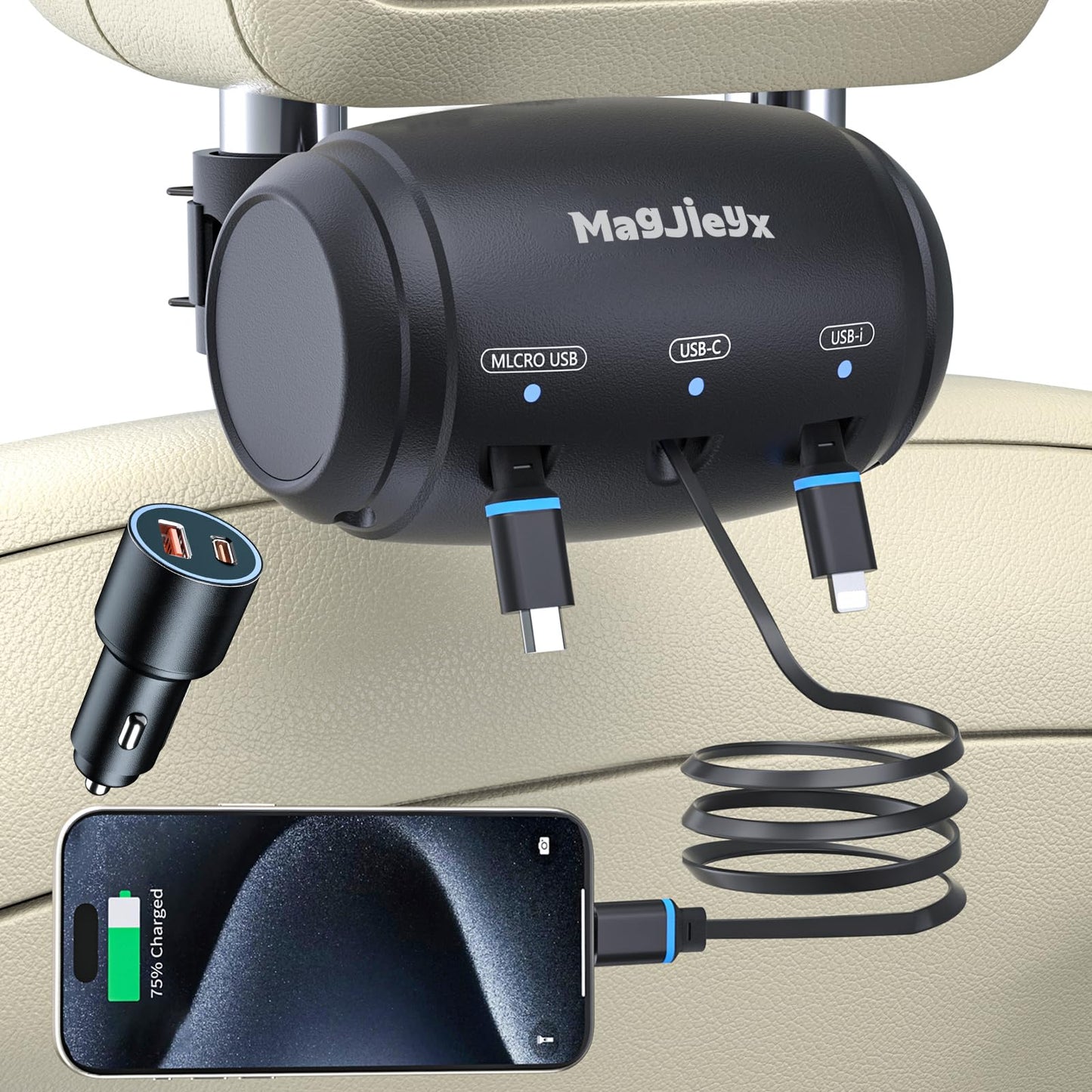 Magjieyx Multi Retractable Car Charger Station, Headrest 3 In 1 Charging Box Share Ride Dock For Backseat With Fast 36W Qc 3.0 C