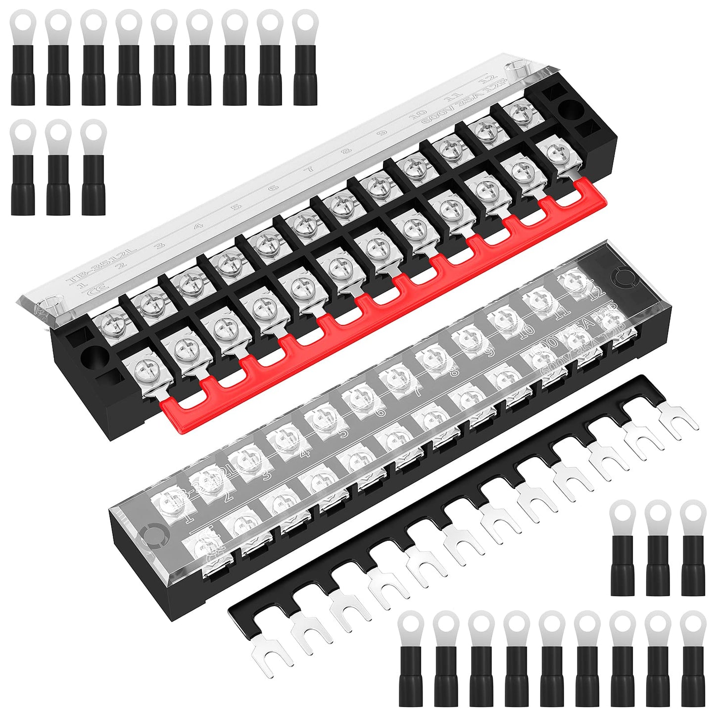 Joinfworld 35A Terminal Block 12 Position Screw Terminal Strip Dual Row with Cover and 12 Position Pre-Insulated Terminal Jumper Block - 2pcs