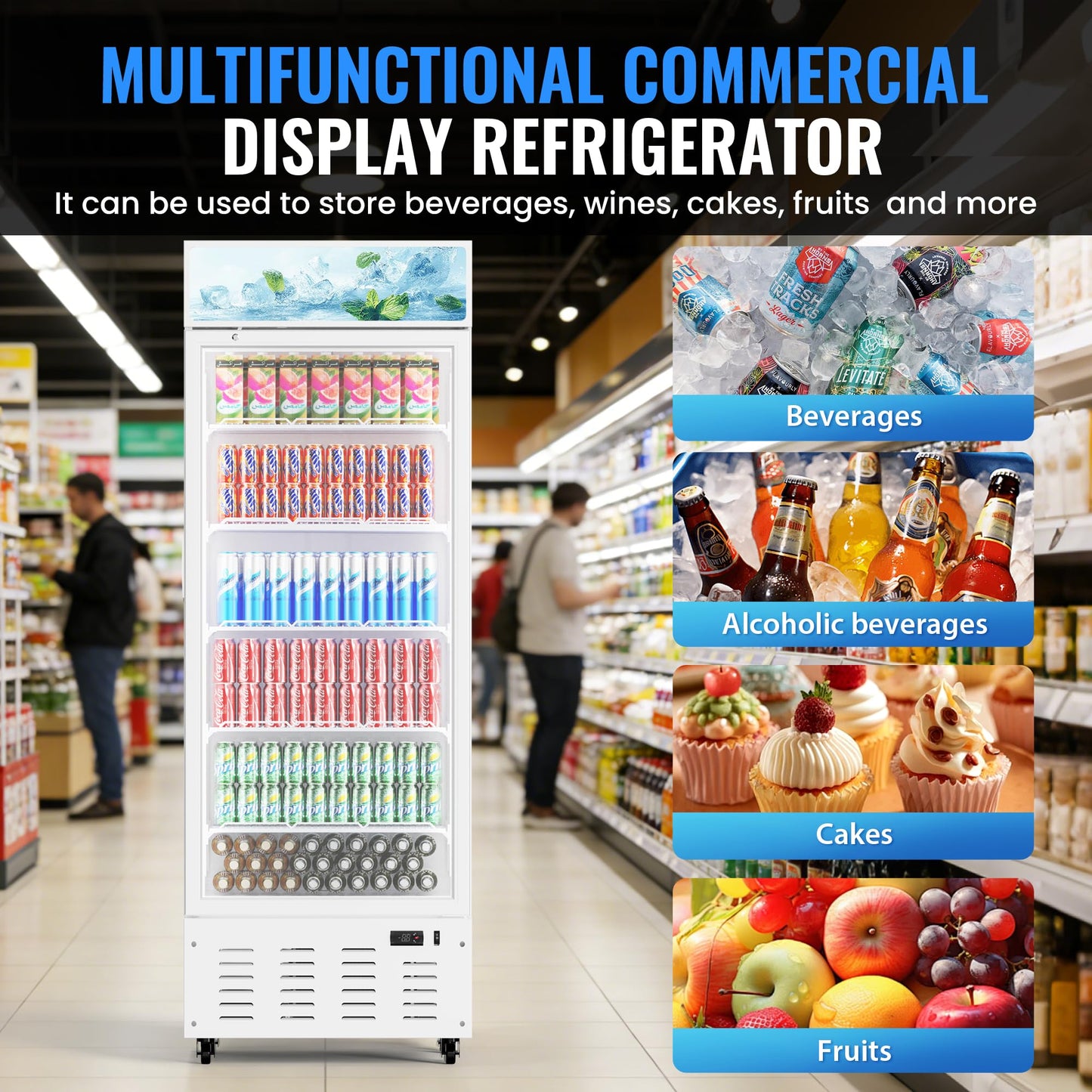Frostvale 15 Cu.Ft Commercial Display Refrigerator, White Single Glass Door Beverage Cooler with Lighted Header, ETL Upright Merchandiser Fridge for Drinks, Soda, Beer, Cafe, Store, Bar