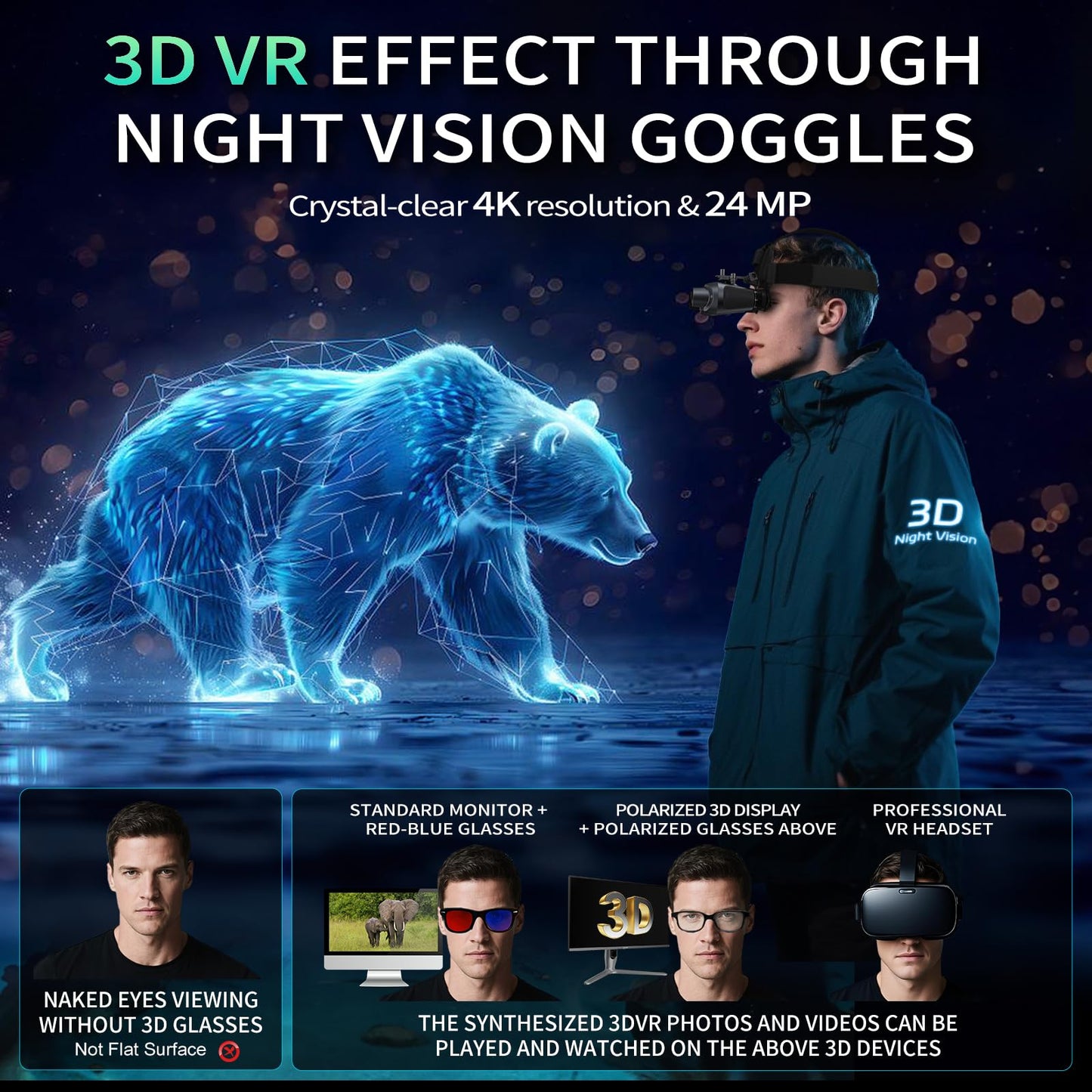 3D VR Night Vision Goggles - Night Vision Binoculars for Adults with Electronic Compass, Rechargeable Binoculars Dual-Lens Diopter Adjustment for Outdoor Enthusiasts and Animal Watchers