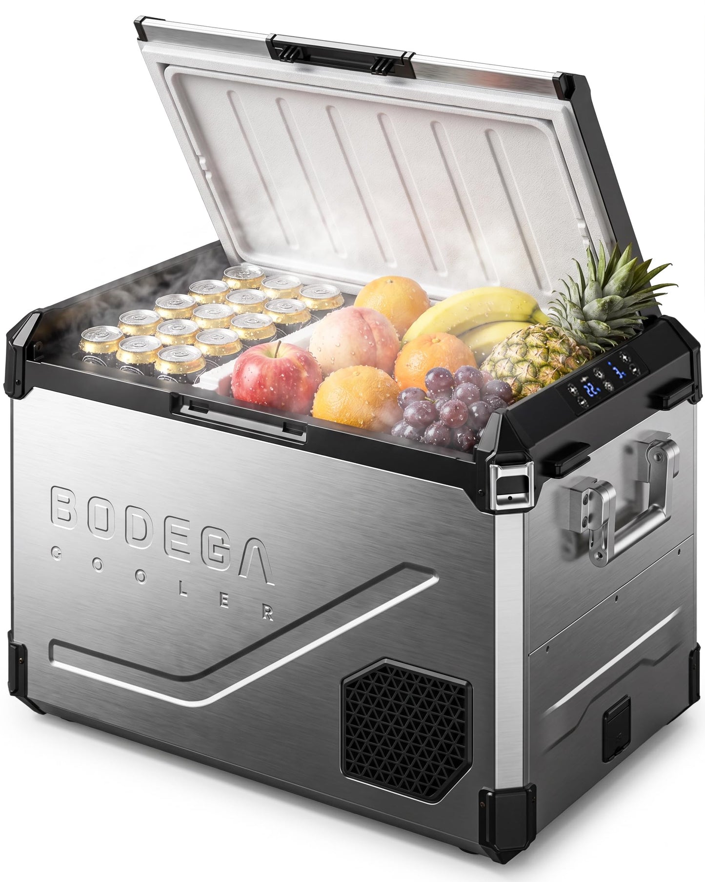 BODEGA 12V Car Refrigerator, 63QT Stainless Steel Portable Fridge with Removable Divider for Dual Zone MAX/ECO Modes & Battery Protection, Electric Cooler for RV, Truck, Camping