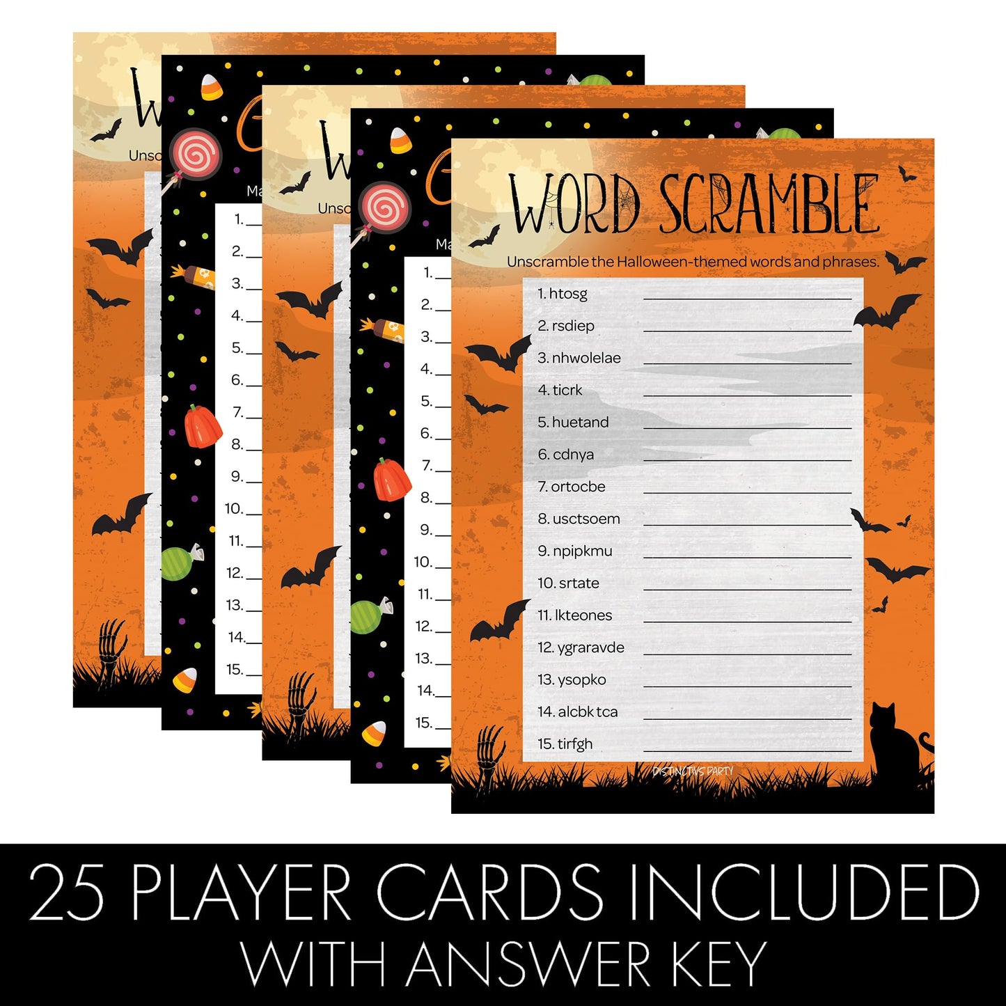DISTINCTIVS Halloween Party Games – Word Scramble and Candy Match 2 Game Bundle, 25 Dual-Sided Cards for Kids, Adults, Classrooms, and Fall Events
