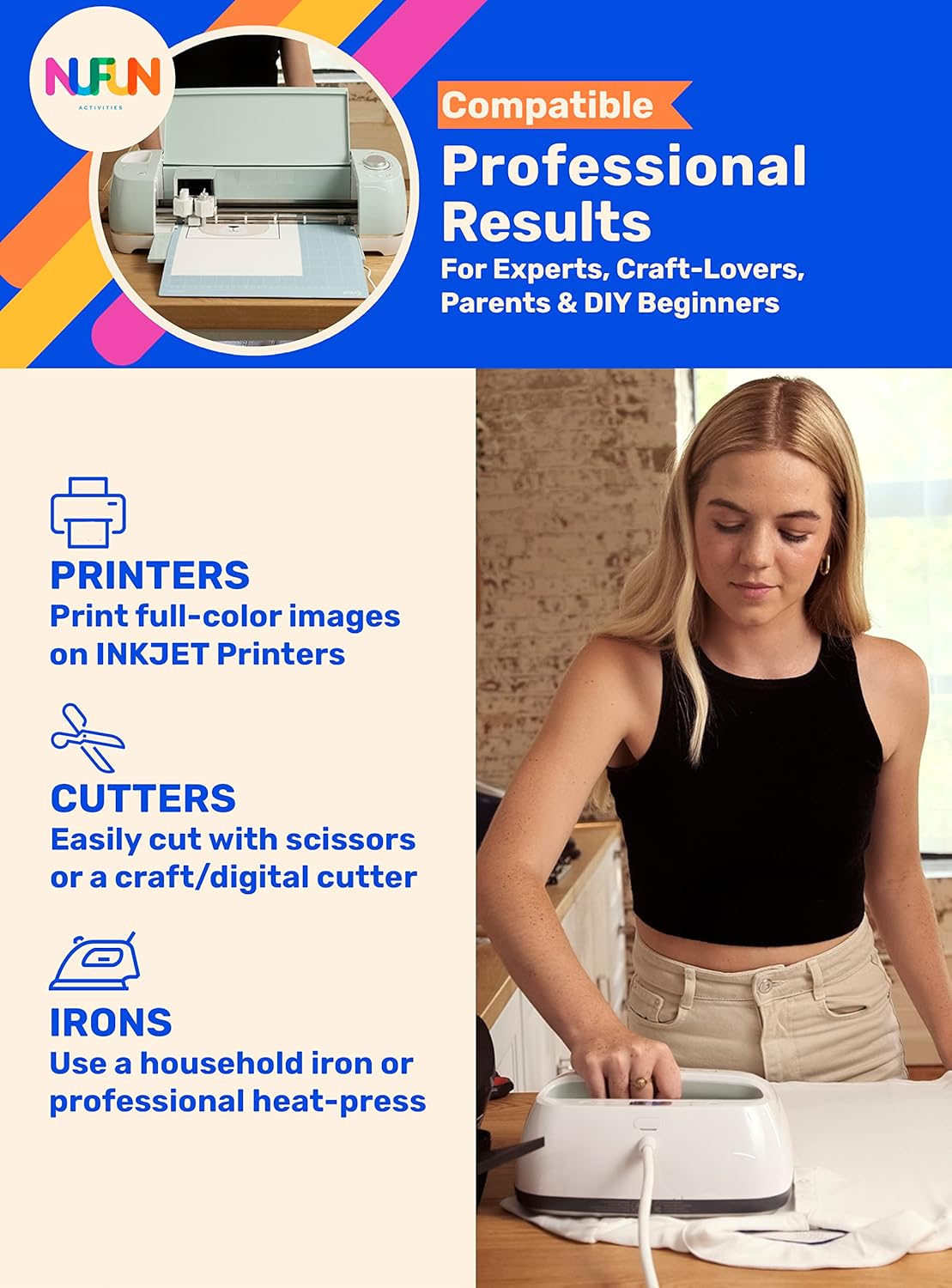 NuFun Activities Printable Iron-on Heat Transfer Paper for T Shirts, Light Fabrics, 6 Sheets 8.5 x 11 inch, Long Lasting, Durable, Professional Quality, Easy DIY, Non-Toxic, Made in The USA