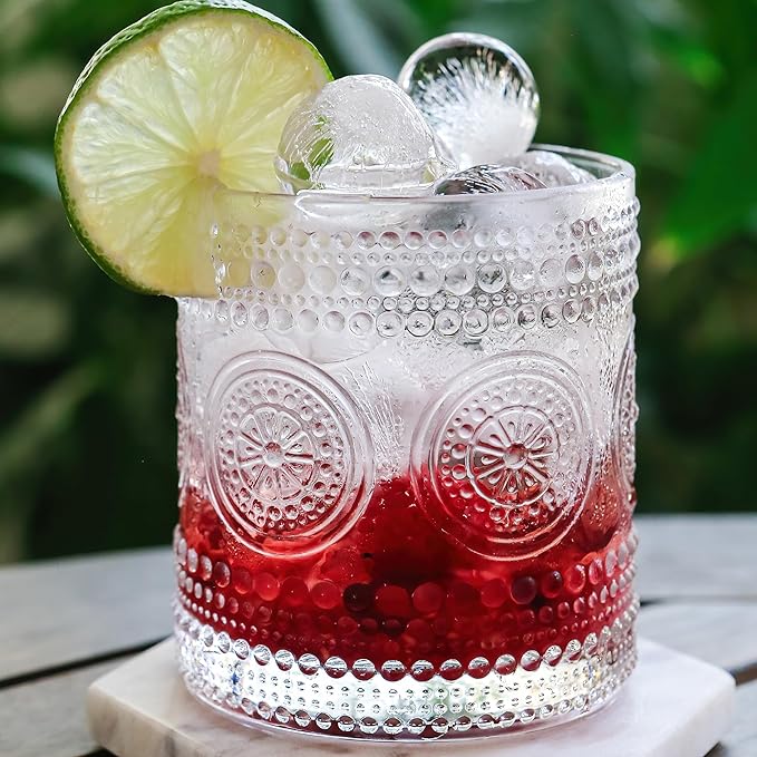 Hobnail Beaded Floral Clear Drinking Glasses Set of 6, (10 oz) Vintage Glassware Set by Kate Aspen| Cocktail Glass Set, Ju...