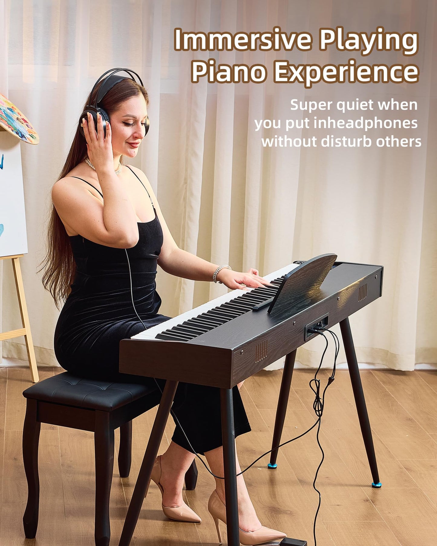 Doguva Digital Piano 88 Key Weighted Keyboard Progressive Hammer-Action Electric Piano For Beginners (Black) with Three-pedal Piano Cover Headphones Music Stickers