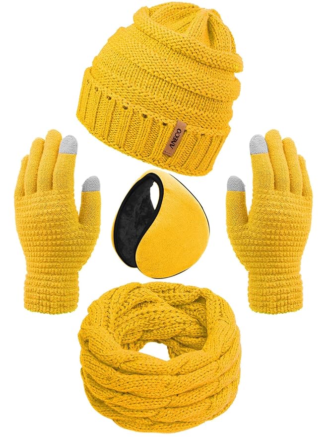 Aneco Winter Warm Sets Knitted Scarf Beanie Hat Touch Screen Gloves and Winter Ear Warmer for Men or Women