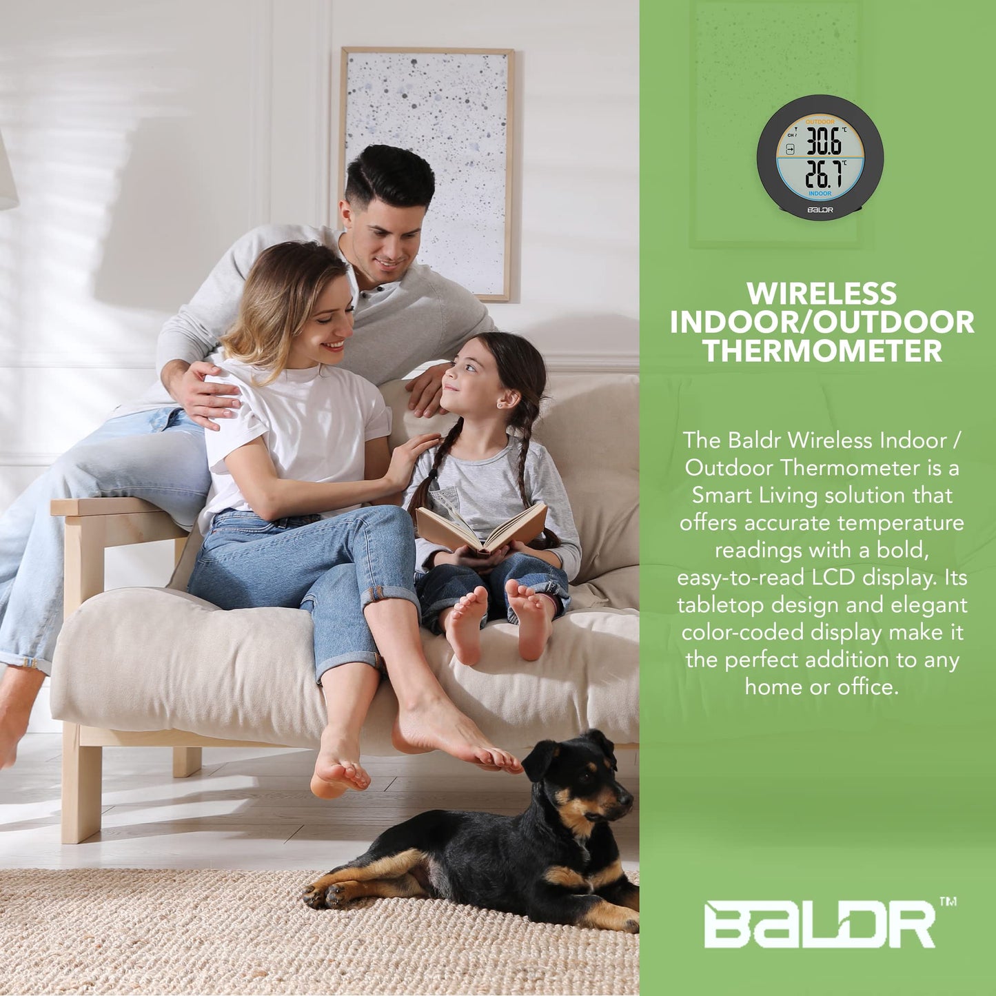 BALDR Wireless Indoor Outdoor Thermometer - 2.5” LCD Display Digital Thermometer for Home - Surface or Wall Thermometers Indoor & Outdoor Weather Station, Wireless Remote Transmitter Included (Black)