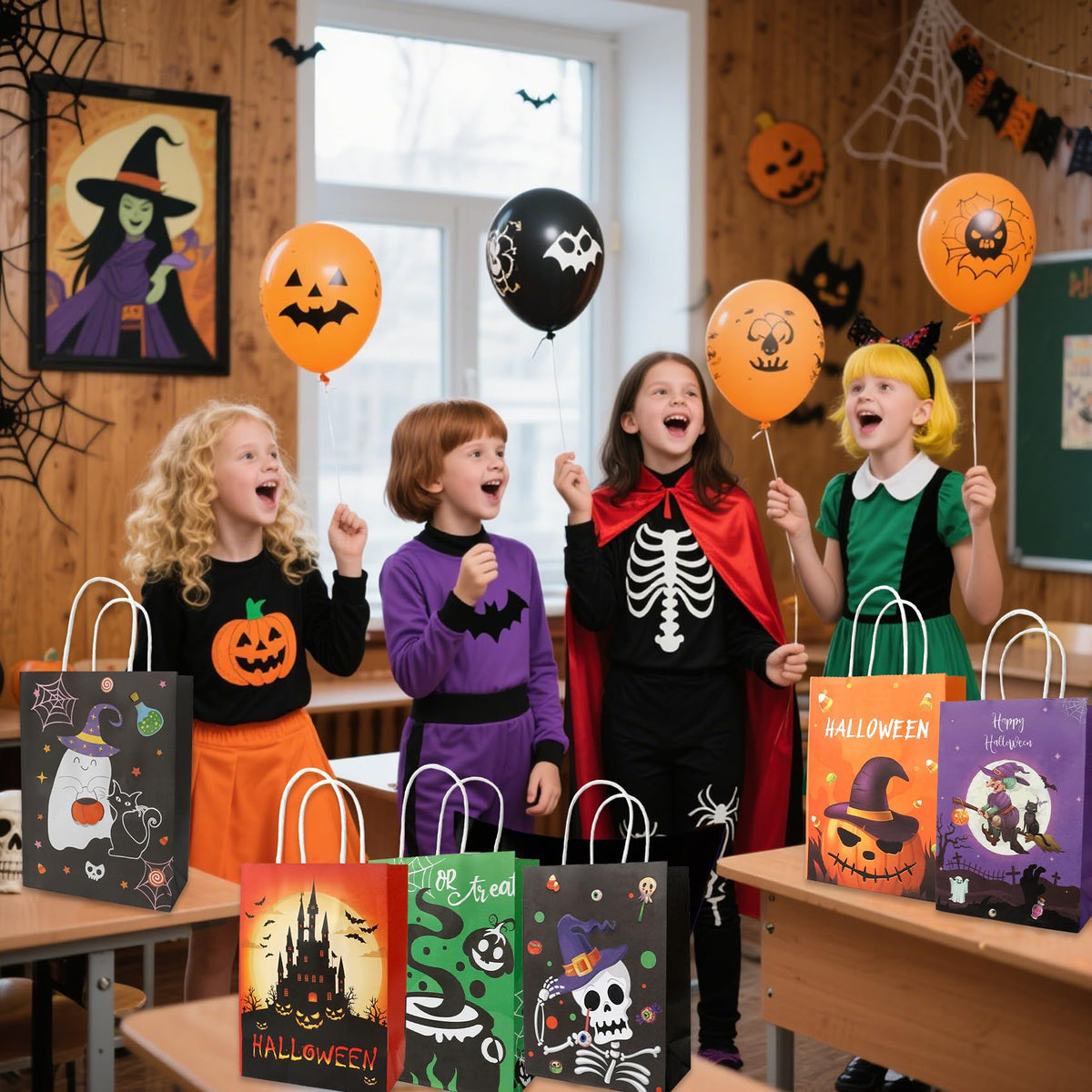 12 PCS Halloween Bags with Handles, 6 Styles Halloween Paper Bags for Gift Candy Goodie Snacks Treat Cookie Wrap Party Favors Supplies Decorations Trick or Treat Horror theme Birthday Baggies Pouch