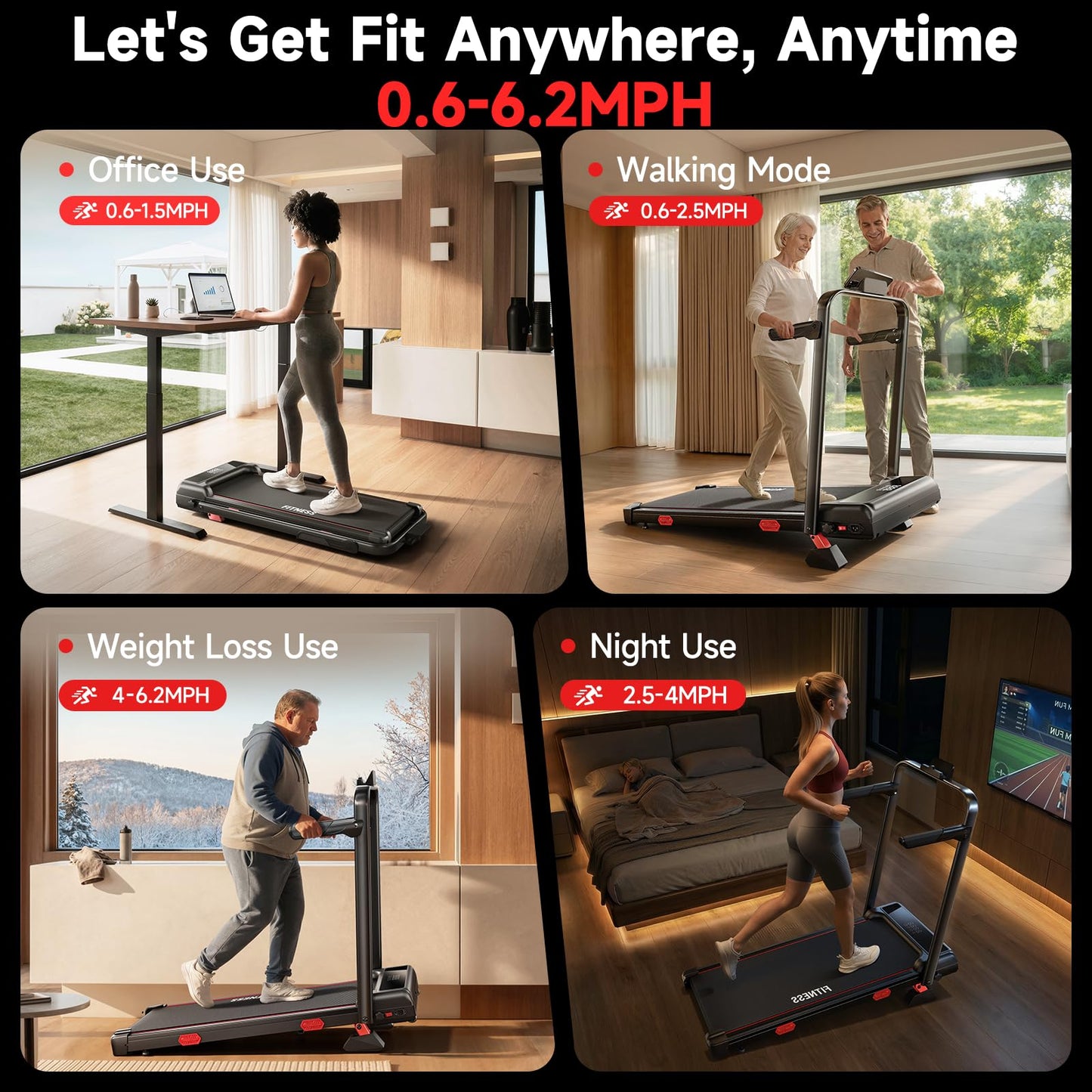 RHYTHM FUN 16% Incline Walking Pad Treadmill, 6.2MPH Foldable Walking Pad with Handle Bar, Under Desk Treadmills for Home Office, 300 LBS Capacity
