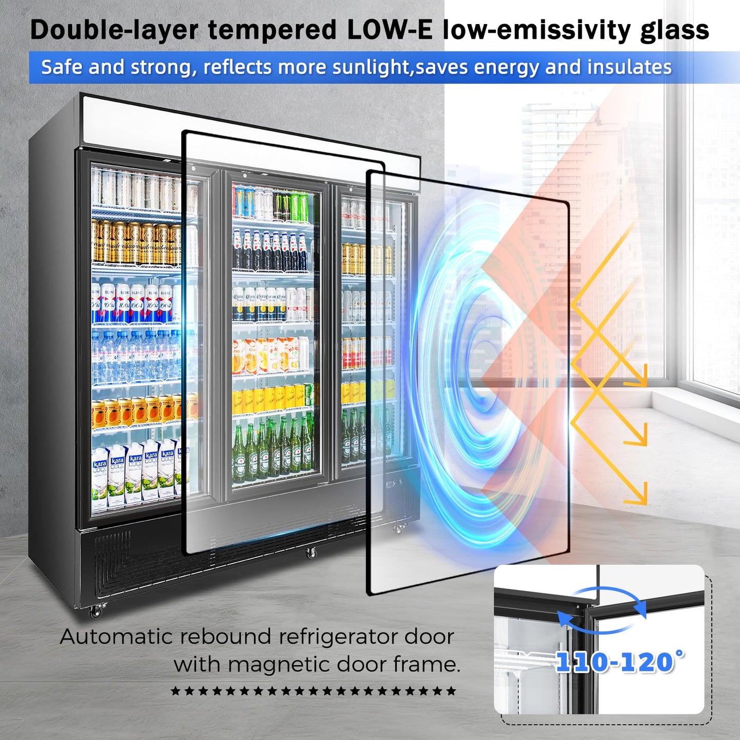 BINGERMA Commercial Beverage Refrigerator with 3 Glass Doors 56 Cu.ft Display Merchandiser Cooler Bar Black Drink Fridge for Convenience Stores, Supermarkets,Bars,Offices