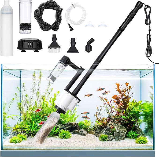 AQQA Electric Fish Tank Cleaner – 30W Aquarium Water Changer with Gravel Vacuum, Corner Nozzle Brush, Oxygen Boost etc Com...
