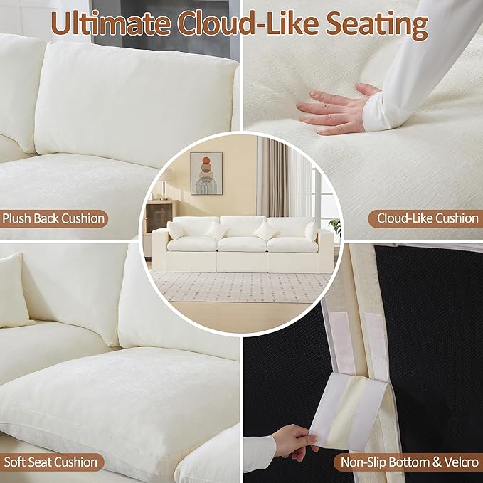 115''Cloud Boneless Sectional Couch, Modular Sectional Sofa Deep Seat, Oversized Upholstered Convertible Comfy 3 Seater Chenille Memory Foam Sofa Couches for Living Room, Beige