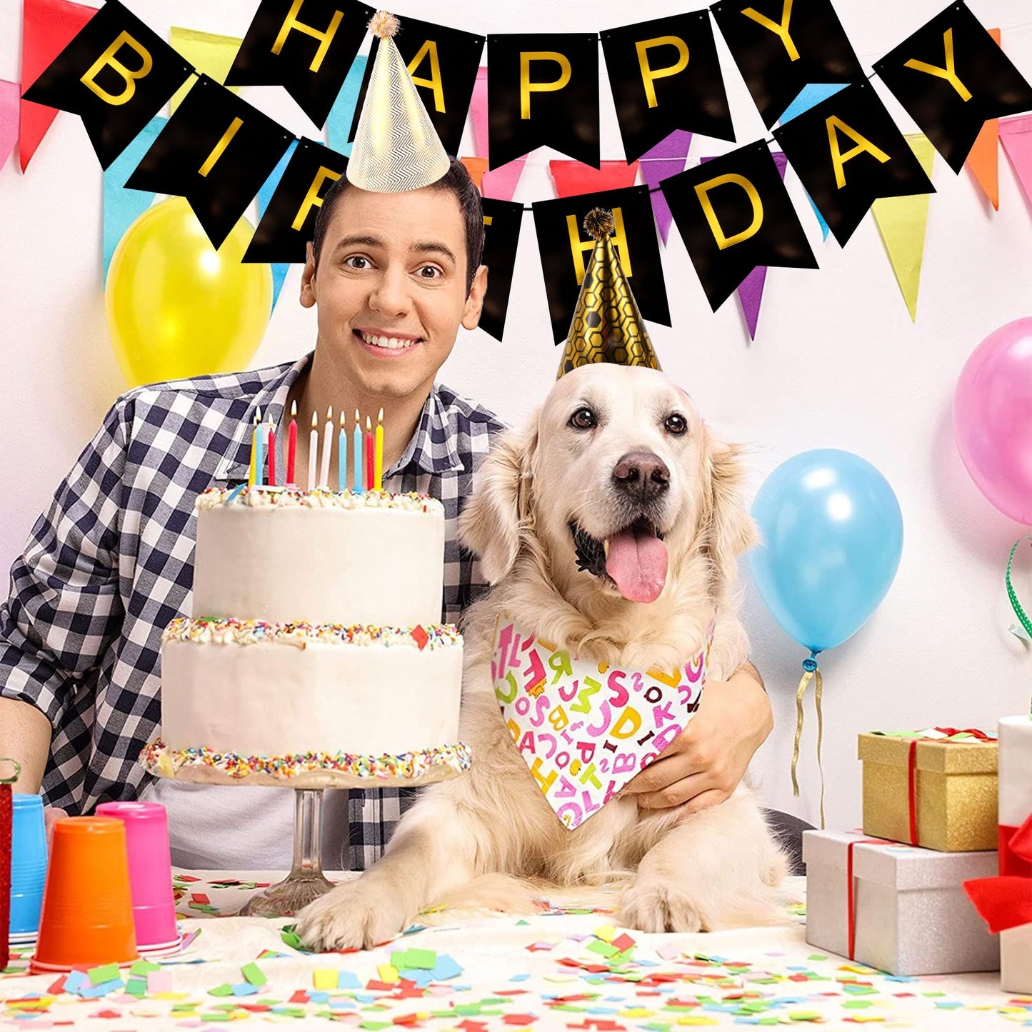 Exacoo 25Pcs Gold Birthday Cone Hat Set Includes 12 Gold Black White Party Hats for Adults 12 Gold Funny Noise Makers 1Pc Happy Birthday Banner Party Essentials Decorations Gorros de Cumpleaños