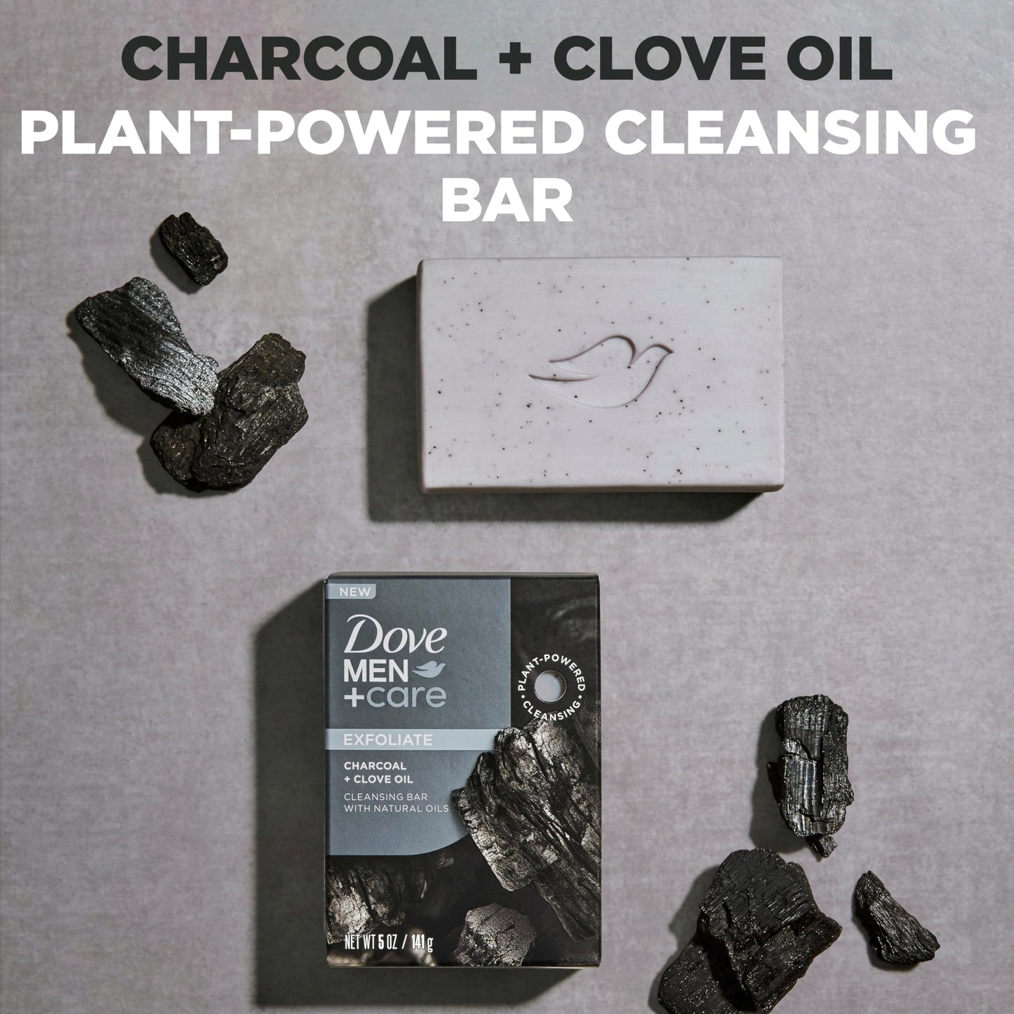 DOVE MEN + CARE Cleansing Bar Soap Charcoal + Clove Oil 4 Count to Rebuild Skin in the Shower, a 4in1 Hair, Body, Face & Shaving