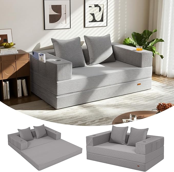 COMAX Futon Sofa Bed, 4‑in‑1 Convertible Sofa Bed, Folding Boneless Couches for Living Room, Fold Out Small Foldable Loveseat Floor Sleeper Comfy Mattress Lounge Space‑Saving, Light Grey