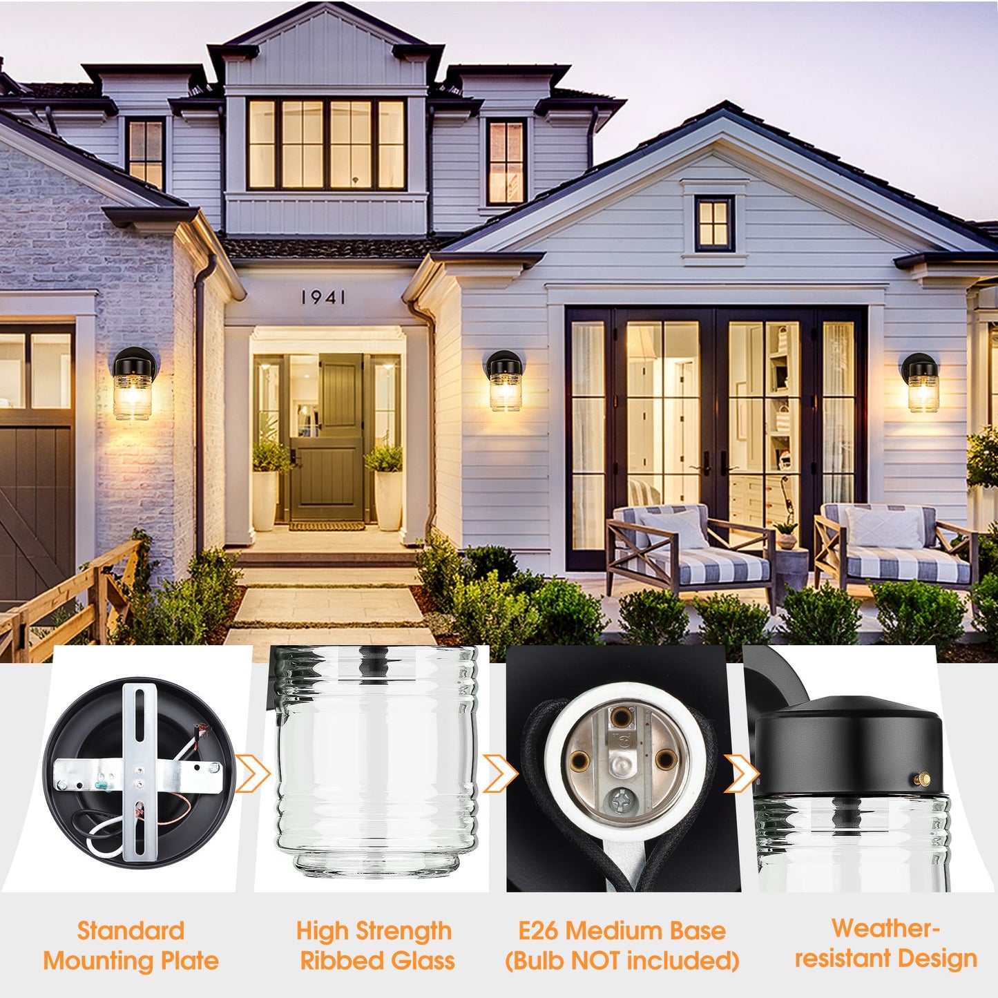 MATAMEYE Jelly Jar Outdoor Wall Lantern, Black Exterior Waterproof Wall Mount Lighting Fixture, Anti-Rust Front Door Sconce with Clear Ribbed Glass, E26 Socket Lights, 2 Pack