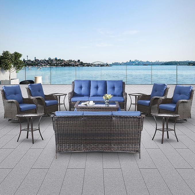 Belord Wicker Patio Furniture Sets - 13 Piece Outdoor Rattan Furniture Conversation Sets with 4 Swivel Rocker Chairs, 2 Rattan Sofas, Wicker Ottomans and Coffee Table, Brown/Blue