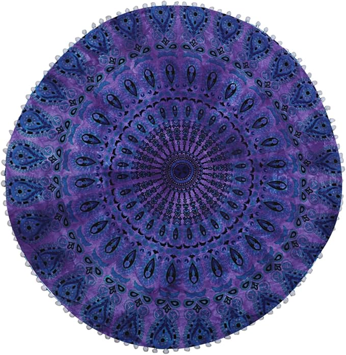 Shubhlaxmifashion Mandala Floor Pillow Cushion Seating Throw Cover Hippie Decorative Bohemian Ottoman Poufs, Pom Pom Pillow Cases,Boho Indian (32 Inches, Purple Dye)