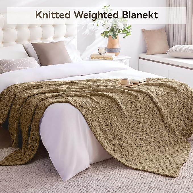 Knitted Weighted Blanket for Adult, No Beads Heavy Blanket 60” x 80'' 10lbs, Breathable Chunky Knit Blanket, Cooling Weighted Blanket for Hot Sleepers, Christmas Home Decor (Camel)