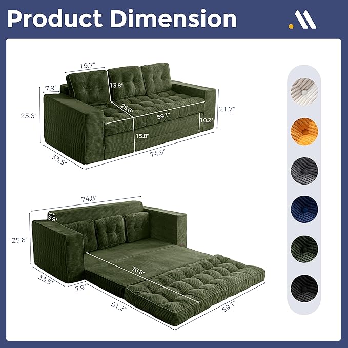 MAXYOYO Convertible Sofa Bed, Pull Out 3 Seater Sleeper Sofa, 2 in 3 Folding Couch Bed, Fold Out Floor Couch with Pillows for Living Room Bedroom Lounge, Dark Green