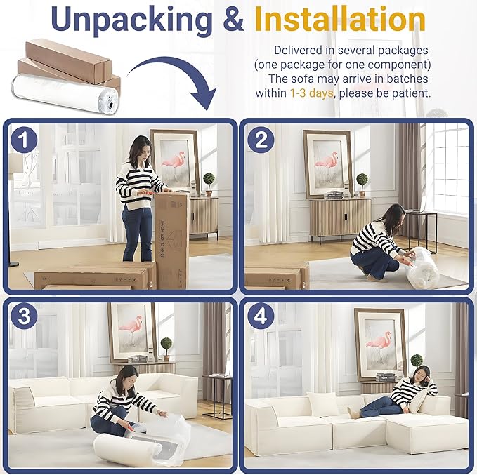 38“ Modular Sectional Sofa Convertible Cube Compressed Couch Seat Set, Combine L-Shaped U-Shaped, Free Assembly, Space-Saving for Living Room, Thick Foam Fabric Chenille Beige White (Only Ottoman)