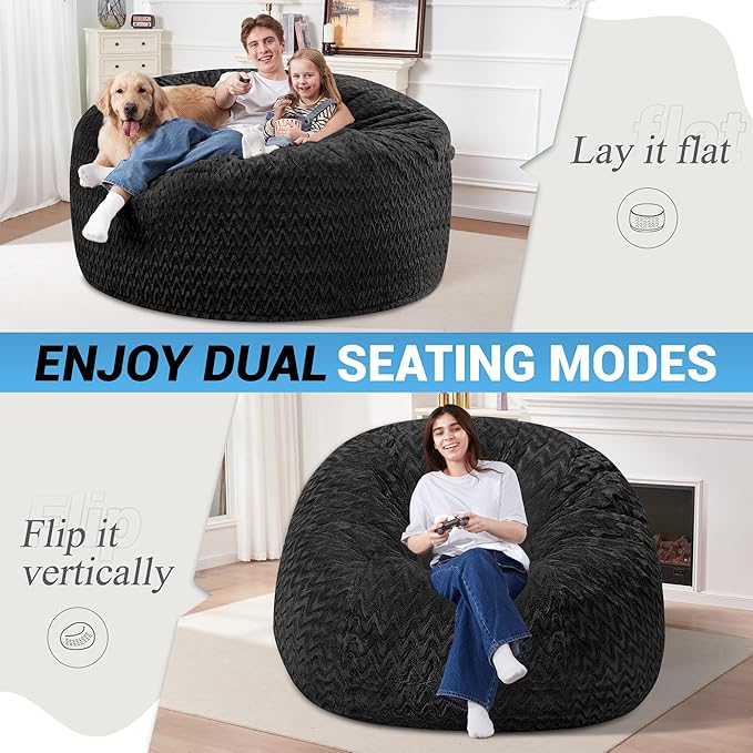 HABUTWAY 5FT Bean Bag Chair,Giant Bean Bag Chairs for Adults,Big Bean Bags with Memory Foam Filled, Large Beanbag Chairs with Chevron Plush Cover-Black