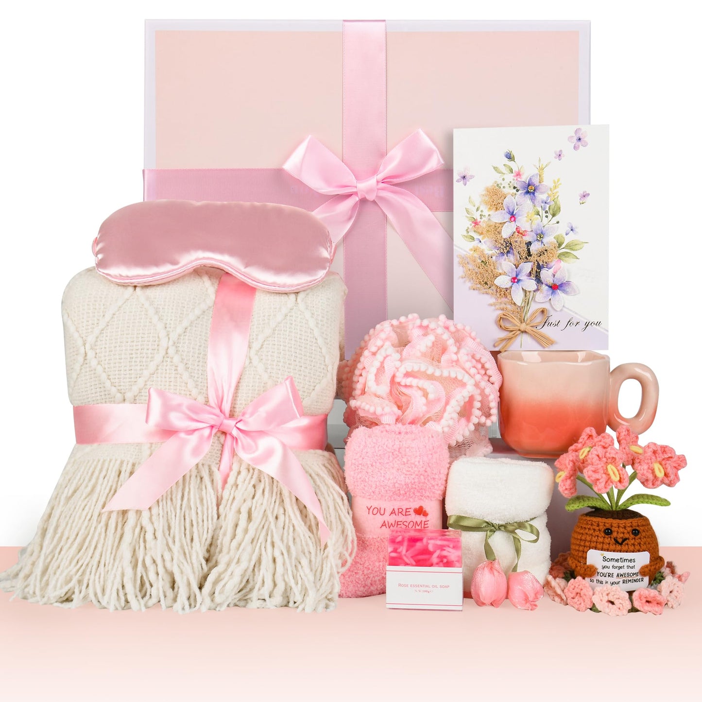 Birthday Gifts for Women, Knitted Tassel Throw Blanket Pink Gift Basket with Handmade Crocheted Potted Plants and Flower Coasters, Inspirational for Mom Her Wife Friend Grandma