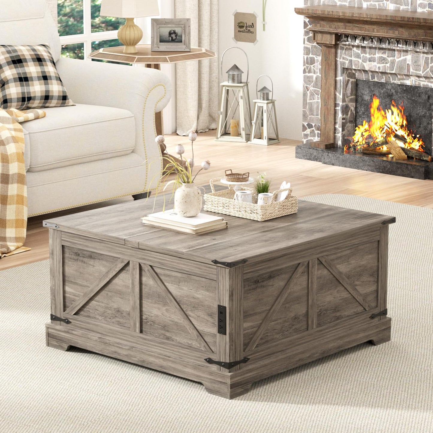 Coffee Table with Storage, 31.5" W Farmhouse Lift Top Wood Square Center Table with Charging Station, Rustic Cocktail Tables with Flip Top Lids for Living Room, Home Office, Grey