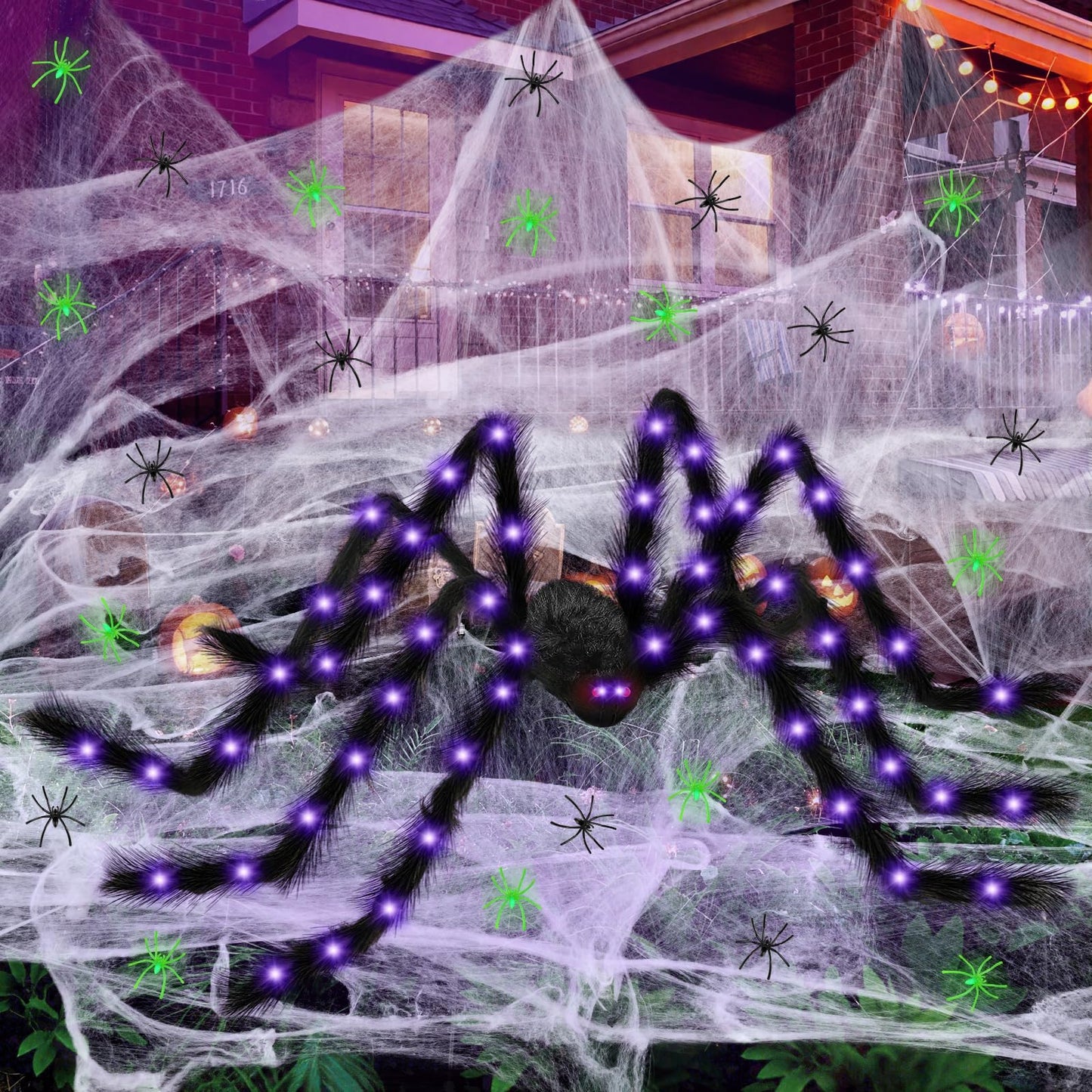 Yinhua Lighted Halloween Decorations 78" Giant Light Up Spider Halloween Decor 700 Sqft Super Stretchy Spider Web Decoration with 30 Extra Small Fake Spiders Large Cobwebs for Indoor and Outdoor