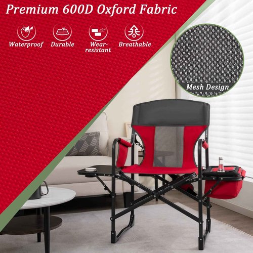 Giantex Camping Chair with Side Table, Storage Pocket, Cooler Bag, Shoulder Strap, Handle, Support 400 Lbs Folding Directors Chair for Artist Makeup Lawn Fishing Picnic, Red