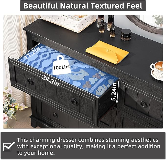 Joaxswe Farmhouse Dresser and Nightstand Sets 3 Piece, Furniture Set 18" Night Stand with Charging Station and 6 Drawers Dressers for Bedroom, 54" Dresser and Nightstand Set for Bedroom, Living Room