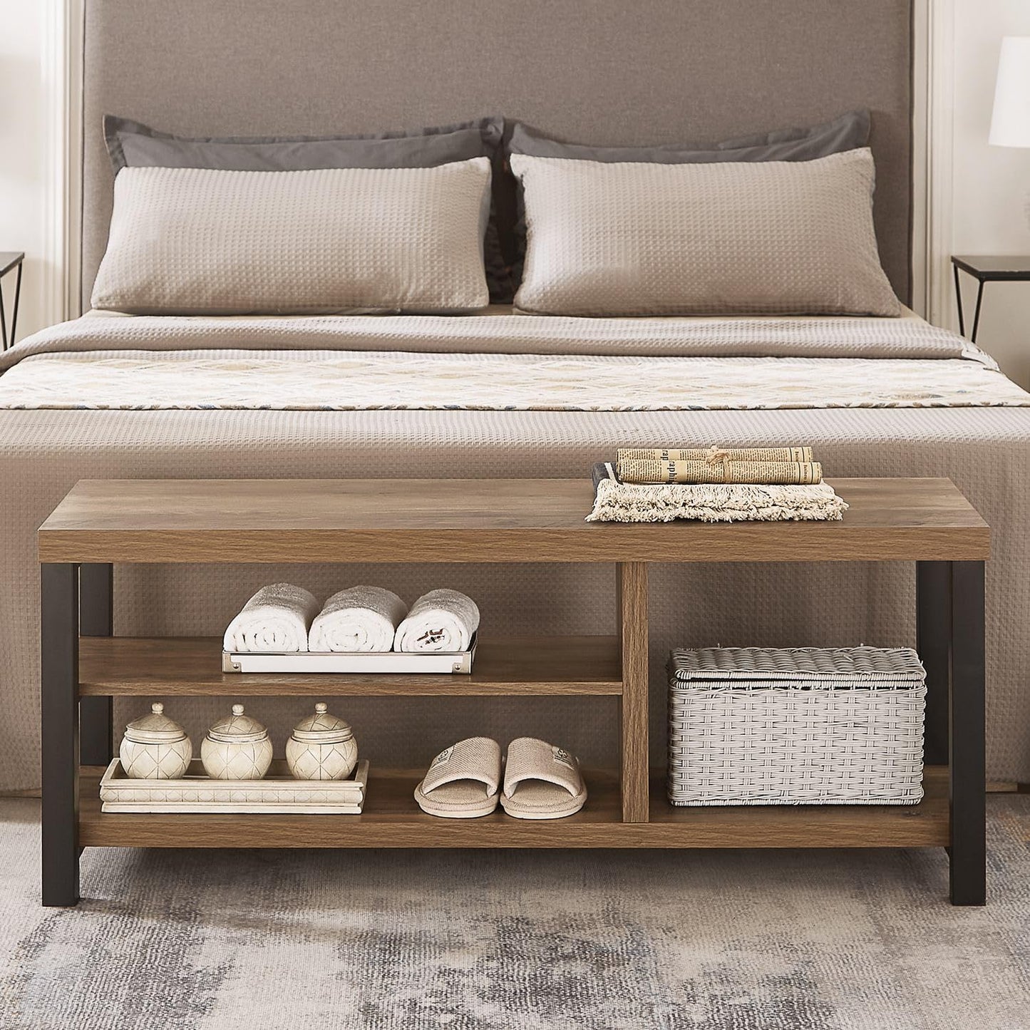 FOLUBAN Shoe Bench for Entryway, Wood and Metal Indoor Bench with Shoe Storage and Seating for Bedroom, Hallway, Living Room, Rustic Oak, 43.3 Inch