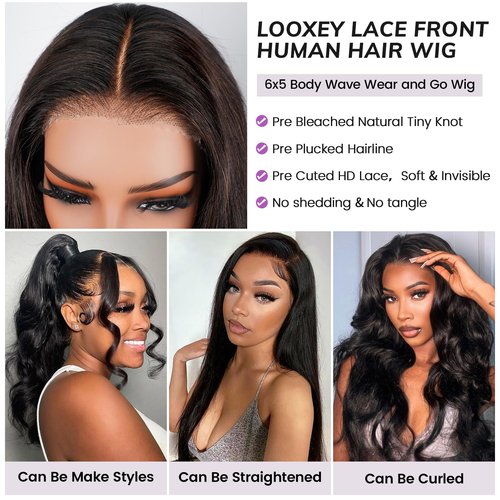Looxey 6x5 Lace Front Wig Human Hair Wig for Women 210% Density Body Wave Wig Wear and Go Glueless Wigs Pre-Cut Lace Wigs Pre Bleached Tiny Knots Wig(20inch, 6X5 Body Wave Wig)