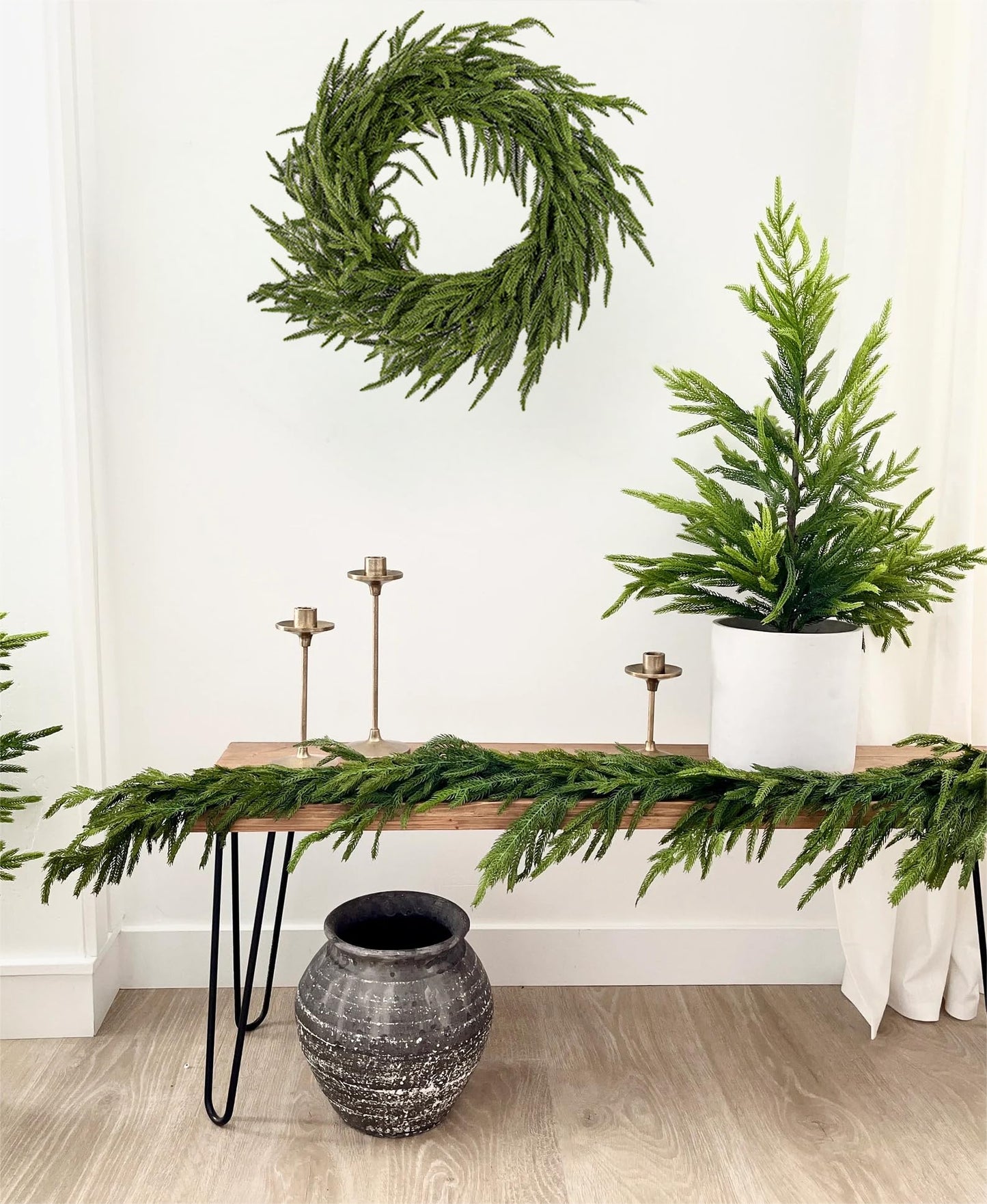 ENVEN Real Touch Norfolk Pine 22IN Green Wreath and Garland Artificial Faux Greenery Norfolk Pine for Holiday Indoor Mantle Decor (6FT)
