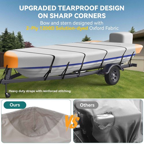 Heavy Duty 5 Layers 1200D Jon Boat Cover 16ft - 18ft with Motor Cover, 100% Waterproof Trailerable Jon Boat Covers 16-18 Foot with 11+4 Pcs Windproof Straps