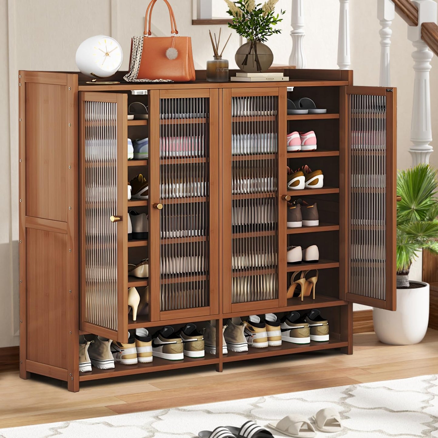 sasygfi 8 Tier Bamboo Shoe Cabinet, Shoe Storage Cabinet with Doors, Large Shoe Organizer with Shelves, Shoe Rack Organizer for Entryway, Hallway, Closet, Living Room (Brown)
