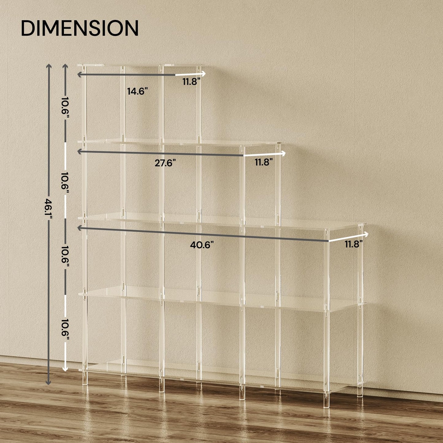 CRTERICX 5-Tier Acrylic Stepped Bookshelf, 9 Cube Bookcase, Clear Open Book Shelf for Home Office, Living Room, Bedroom, Easy Assembly, 11.8" D x 40.6" W x 46.1" H