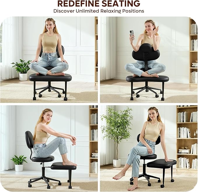 Cross Legged Office Chair with Wheels for ADHD, Ergonomic 360° Swivel Height-Adjustable Meditation Chair for Yoga, Kneeling Chair with 4 inch seat Cushion and Lumbar Support, PU Leather, Black