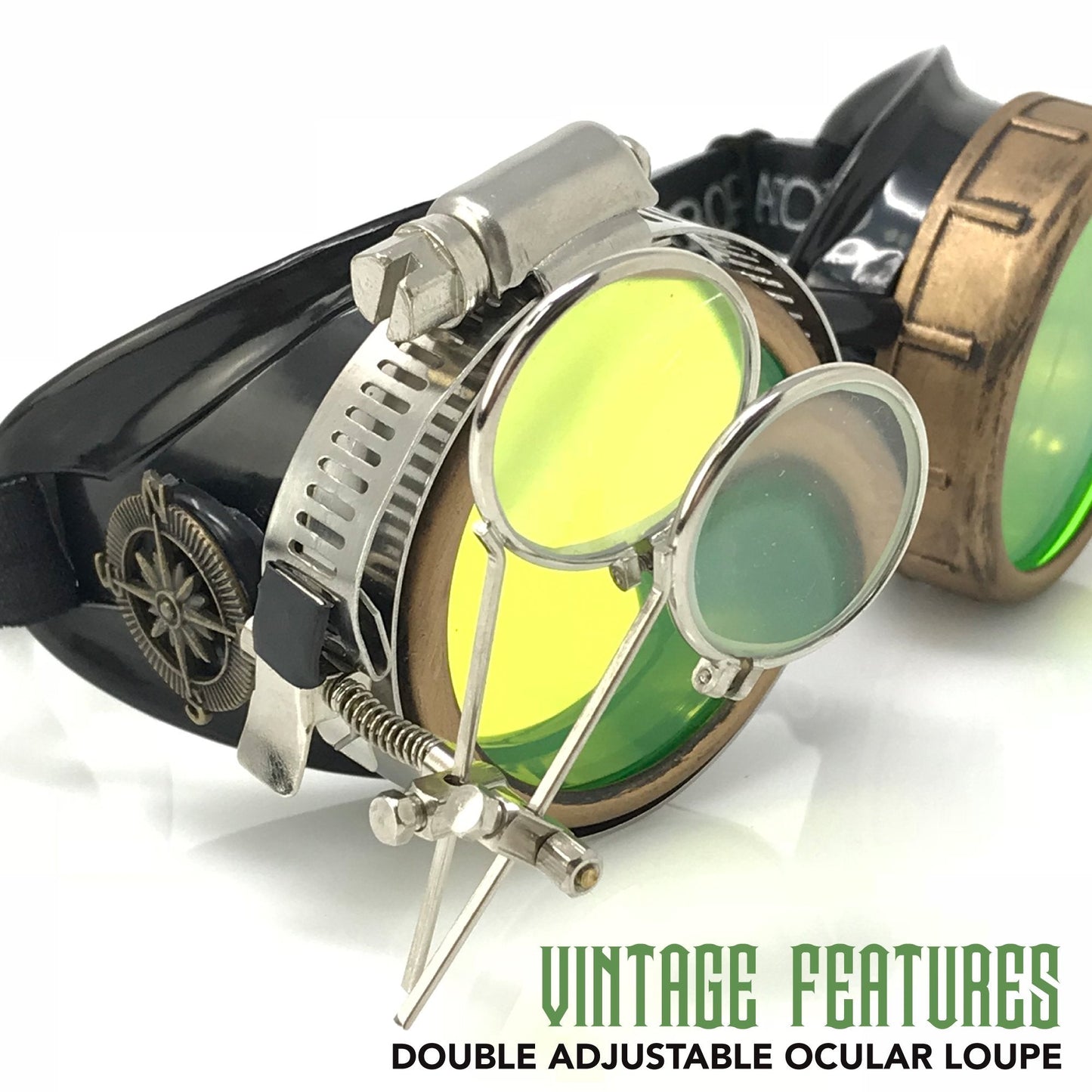 UMBRELLALABORATORY Steampunk Victorian Style Goggles with Compass Design, Neon Green Lenses & Ocular Loupe