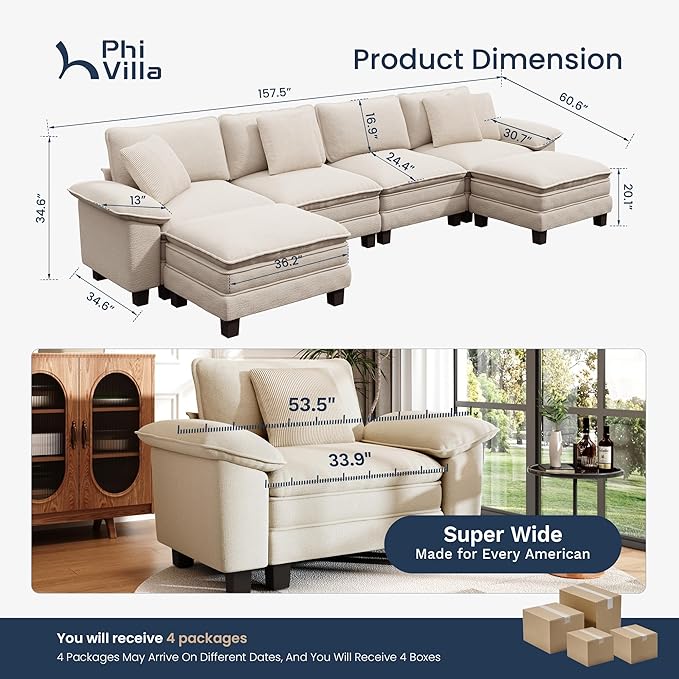 PHI VILLA Cloud Modular Couch Sets, 157.5" Sectional Sofa with U-Shaped Chaise, 6-Seater Couches with Movable Ottomans for Living Room, Chenille Fabric, Beige