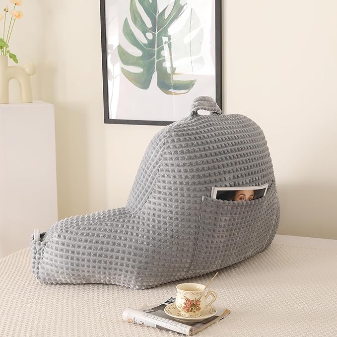 PAJEO Reading Pillow for Sitting in Bed, Large Backrest Reading Pillow with Arm Rest,Back-Rest Support Cushion for Sit Up on Couch, Sofa, and Floor, Dorm Essentials (Grey Flannel, Standard(17inch))