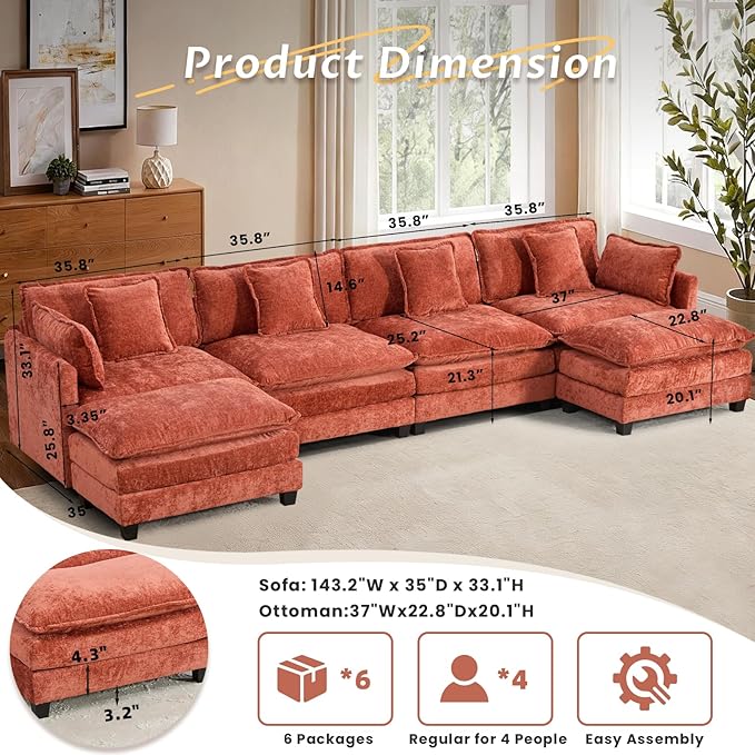 SoarFlash 149.61" Chenille Sectional Sofa, Comfy U Shaped Modular Coush Sofa with Ottoman, Modern 4 Seat Couch Deep Seat Sofa Set for Living Room,Orange