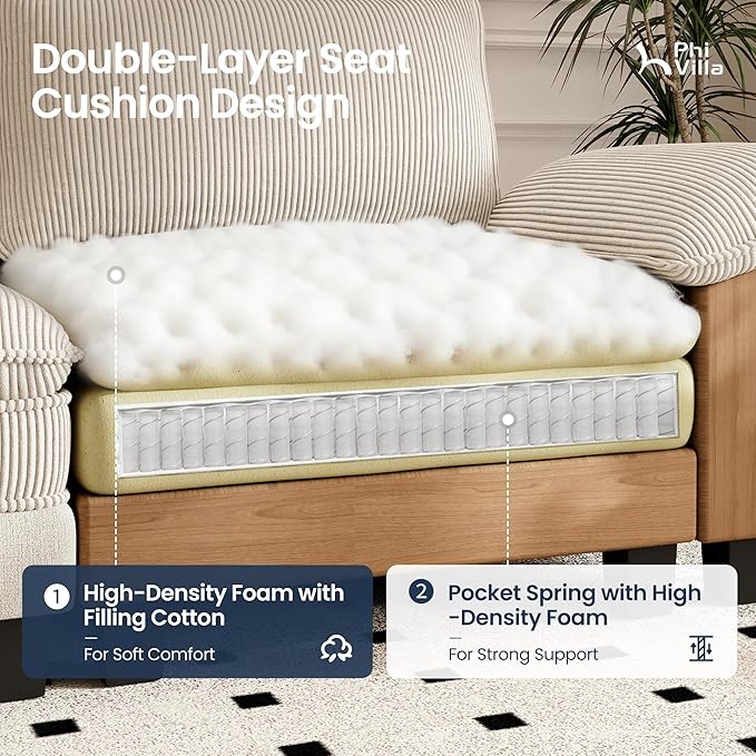 PHI VILLA Cloud Modular Couches Sets, 3 Pieces Large Sectional Sofa Set with Loveseats, 7-Seater Upholstered Couch for Living Room, Chenille Corduroy Dual Fabric, Beige