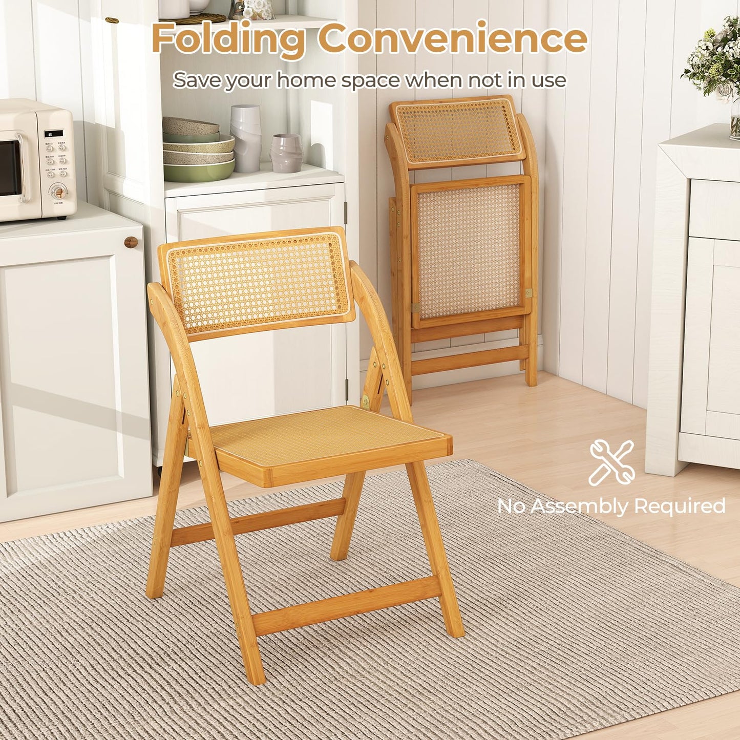 Giantex Rattan Folding Chairs Set of 2, Bamboo Dining Chairs with Rotatable Backrests, Max Load 330 lbs, Boho Kitchen Side Chair for Living Room, Restaurant, No Assembly, Natural