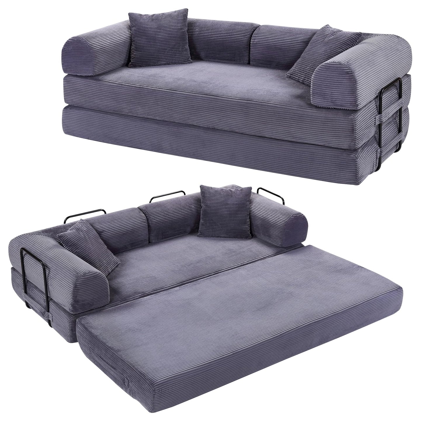 Rovibek 4-in-1 Convertible Sleeper Sofa Bed Queen Size, Foldable Floor Couch Corduroy, Folding Futon Sofa Beds with Pillow and Fixed-Shape Frame, Suitable for Living Room, Bedroom, Lounge, Slate Gray