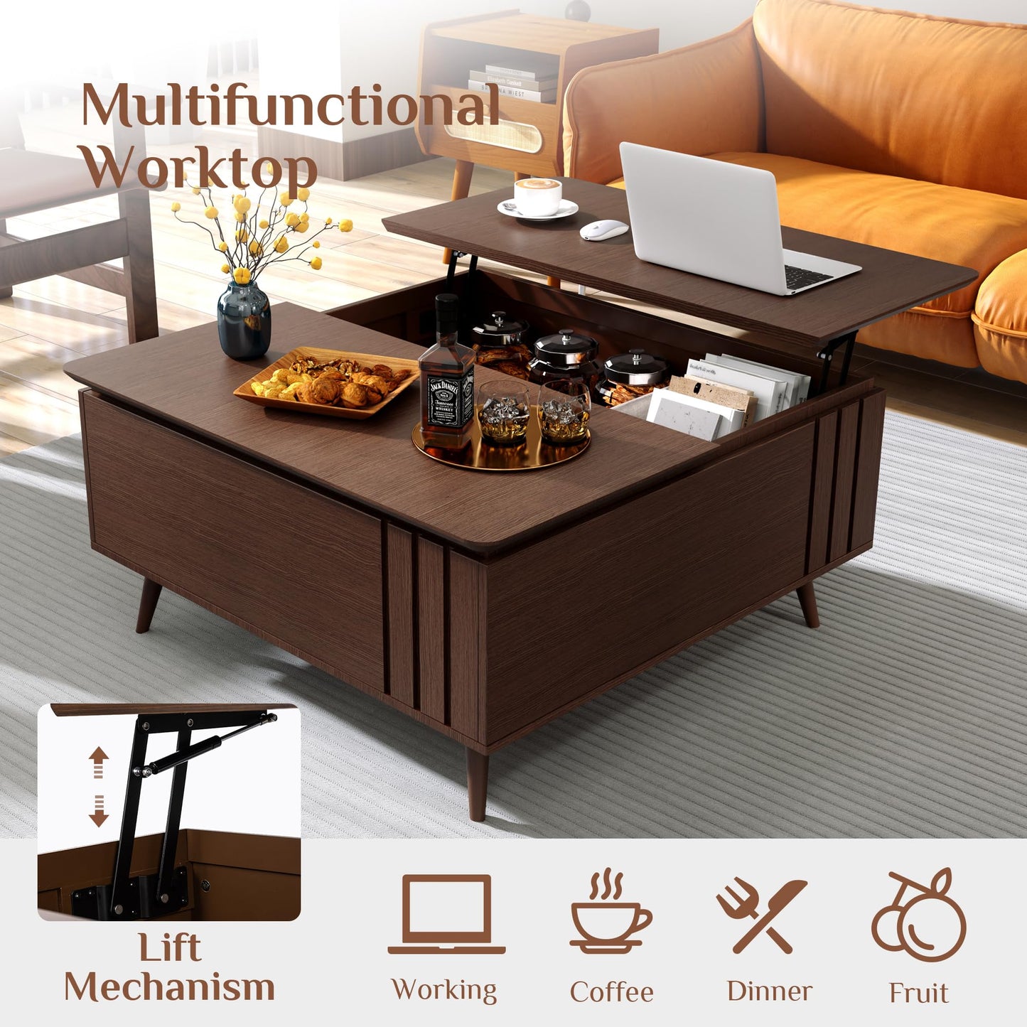 JOINICE, 36" Lift Top Coffee Table with Storage,Large Square Coffee Tables for Living Room,Mid Century Modern Center Table for Home Office, Dark Walnut