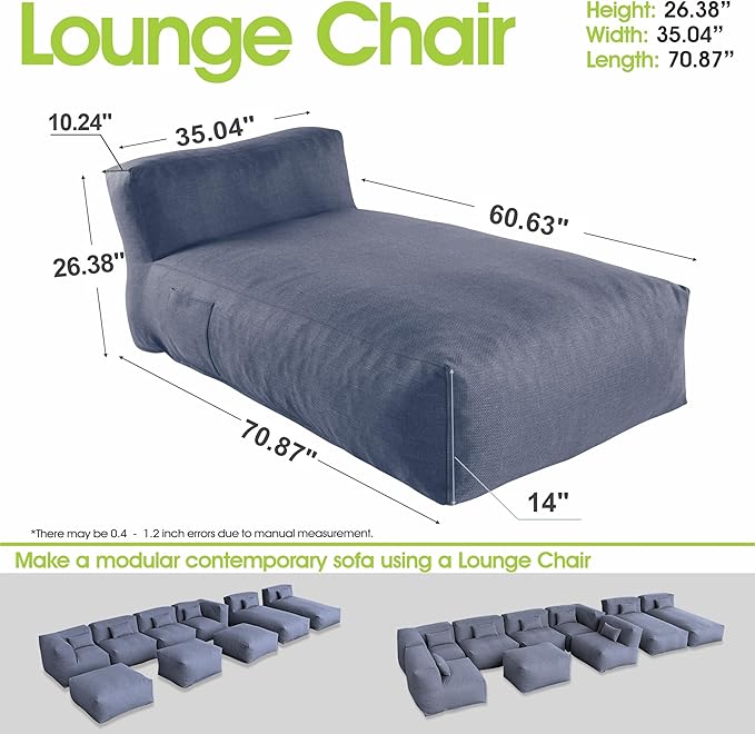 OPEAK Outdoor Bean Bed Chair Sun Lounger, Outdoor Couch Sofa for Patio & Pool, Foam Filling Day Bed Furniture, Comfy Lazy Sofa for Outside, Water-Resistant Seating Lounge Chair, Denim Blue