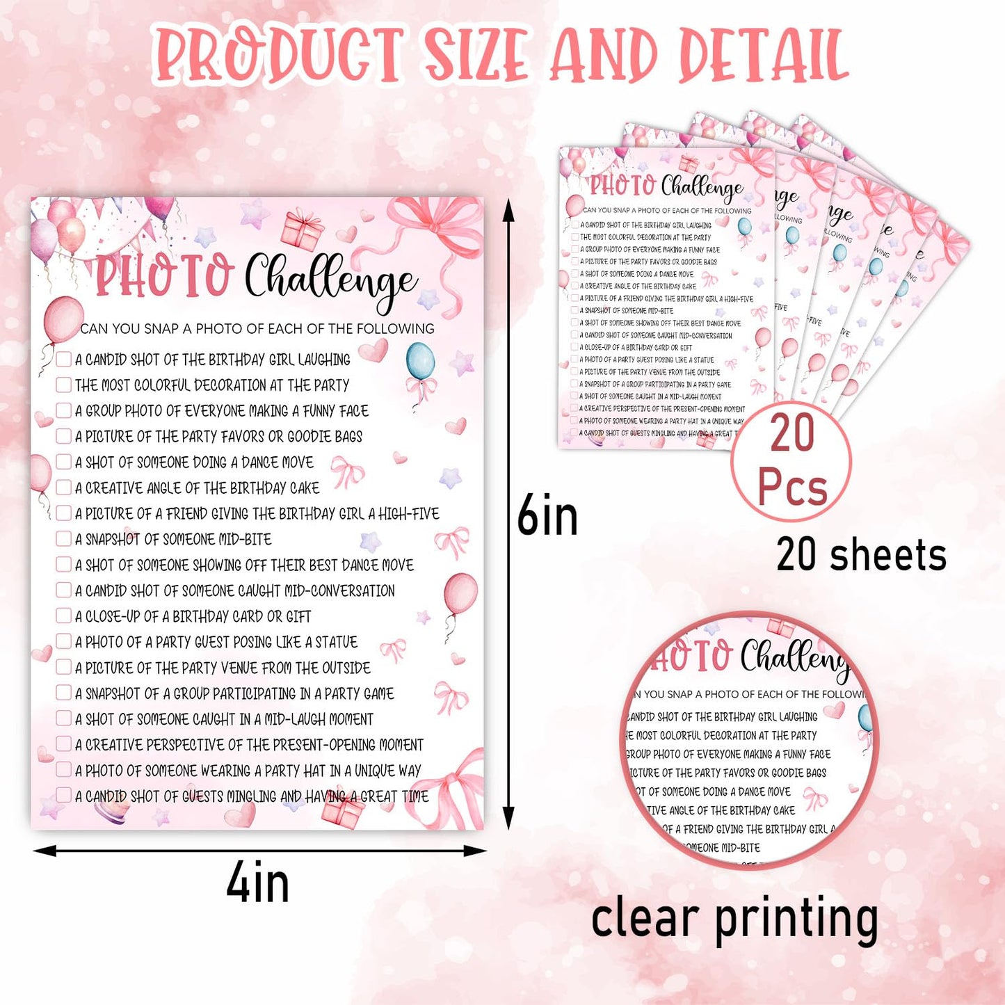 Pink Slumber Party Games Card - Coquette Pink Bow Themed Sleepover Slumber Party Supplies -Sleepover Stuff - Birthday Night Games Creative Idea -Photo Challenge- 20 Game Cards