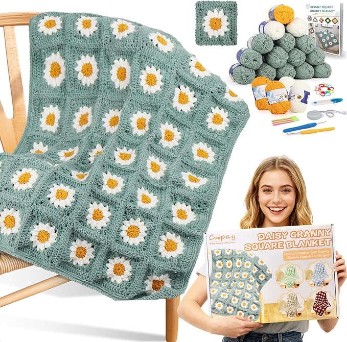 Coopay Crochet Kit for Beginners, Crochet Starter Kit for Blanket, Granny Squares Video Instructions, Easy to Learn Knitti...