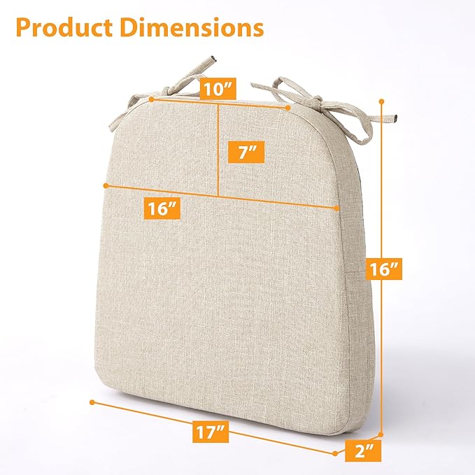Ruqmuis Chair Cushions for Dining Chairs, 2" Thick Seat Cushions for Kitchen Chairs, D-Shaped Chair Pads with Washable Cover, Ties and Non Slip Backing, 17'' x 16'', Set of 2, Beige
